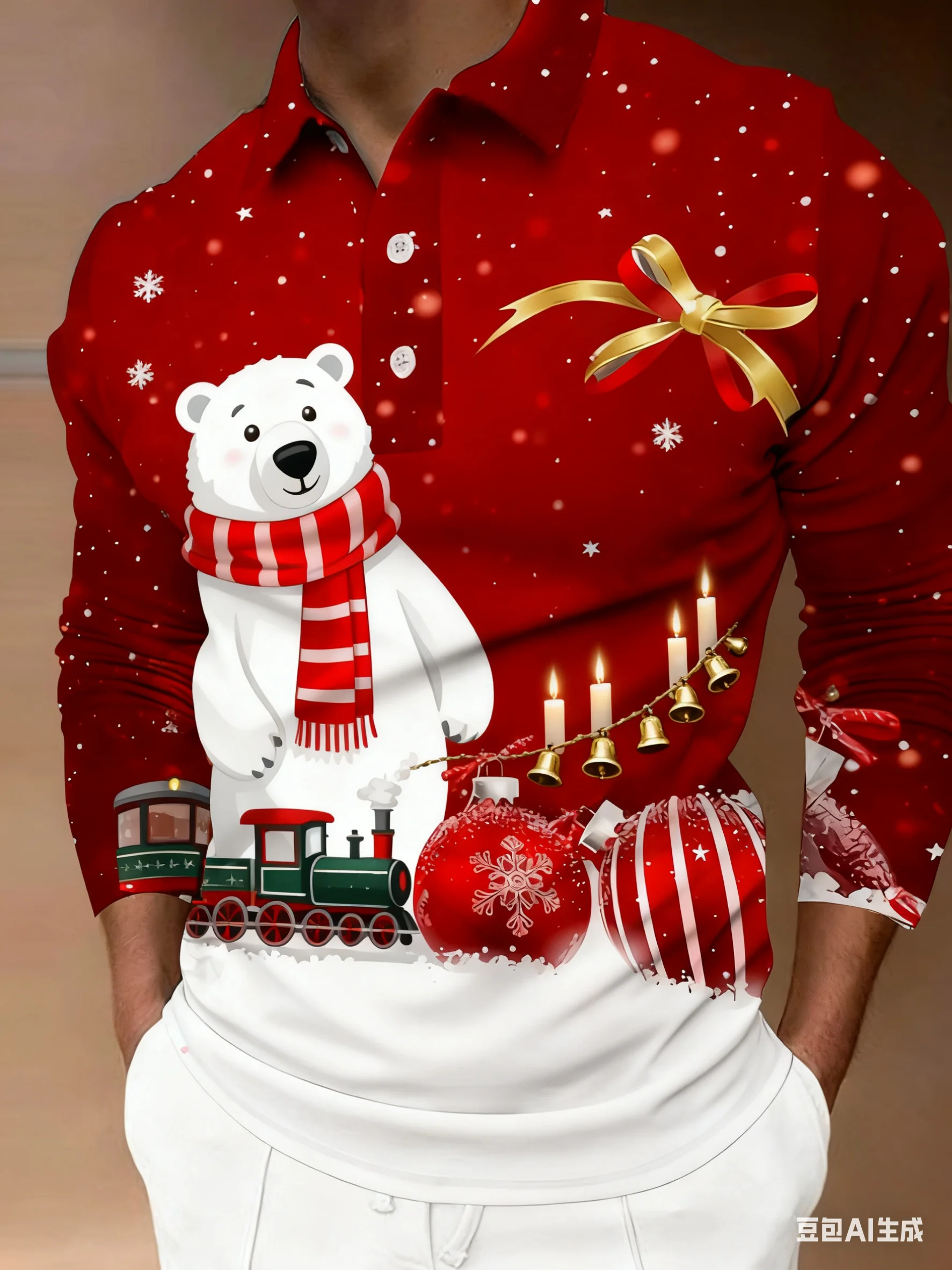 عيد الميلاد الرجال سانتا كلوز زر بولو جولف سانتا كلوز الأيائل ندفة الثلج ثلاثية الأبعاد طباعة الشارع عادية كم طويل المتضخم الرجال الملابس #3