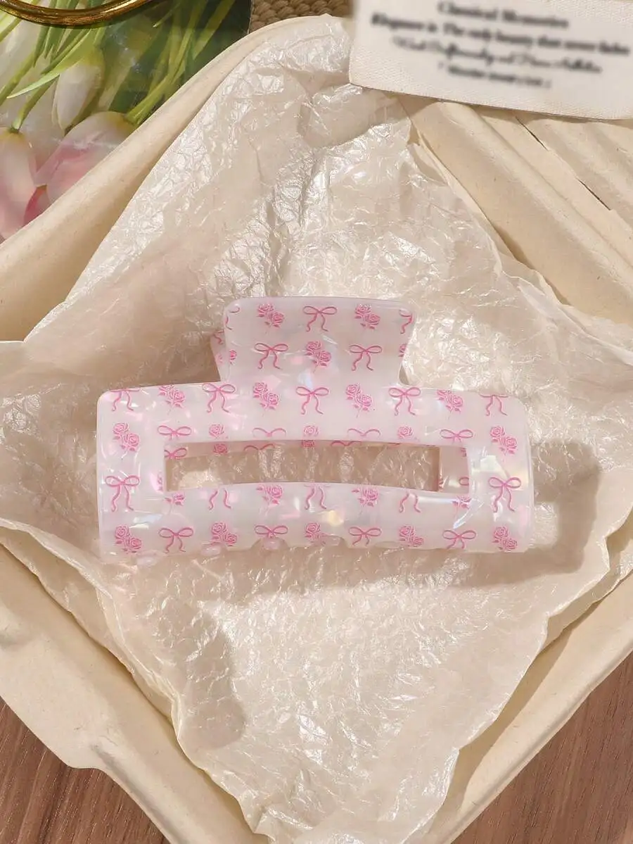 

Acetate Hair Claw Clip With Pink Bow And Rose Pattern Vintage Elegant Square Design For Women
