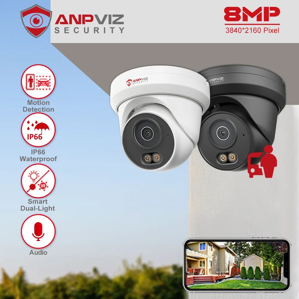 Anpviz 4K@20fps Mini Turret POE IP Camera Smart Dual Light ColorVU CCTV Video Outdoor IP66 H.265 Motion Detection (5MP NO APP)