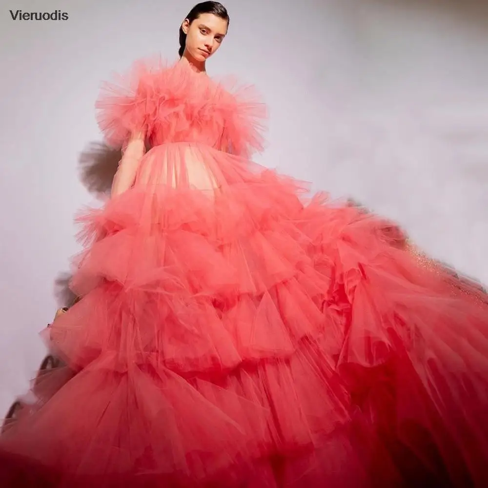 エレガントなAライン、Oネック、ラッフル、ティアード、プロムドレス、ロングパフスリーブ、チュール、イブニングガウン、ホットセール、ピンク、パーティードレス、ジッパー付き