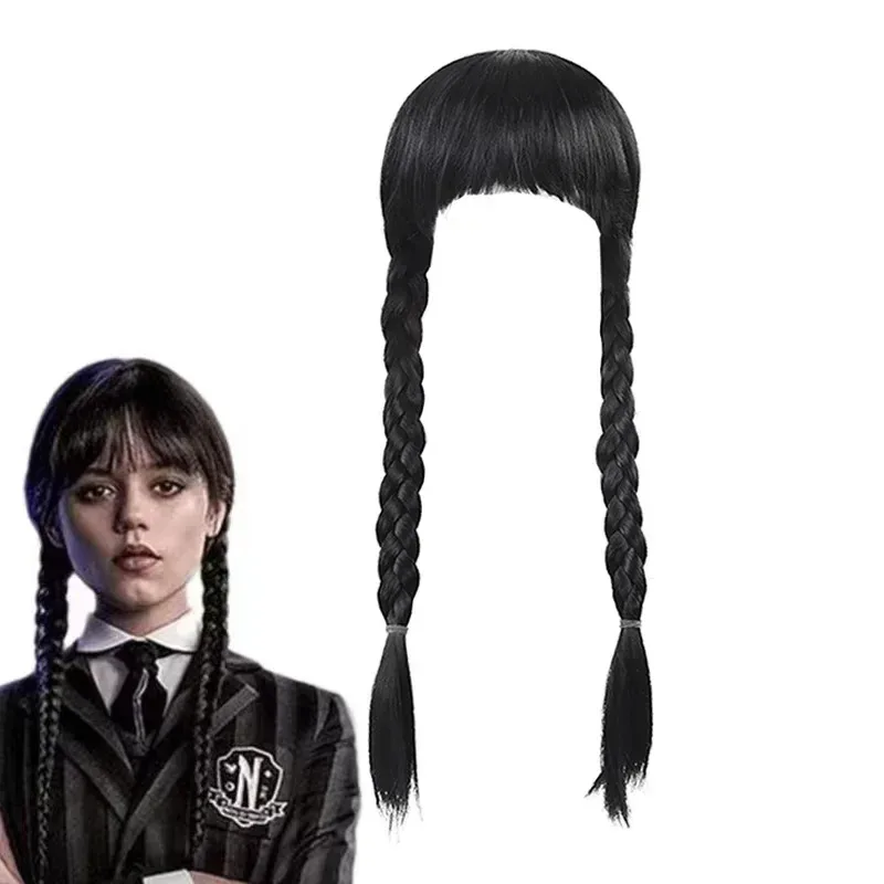 Peluca de Cosplay de Wednesday Addams, peluca sintética de doble trenzas negras de mar para Halloween, tocado, Cosplay de familia Adams, fibra resistente al calor