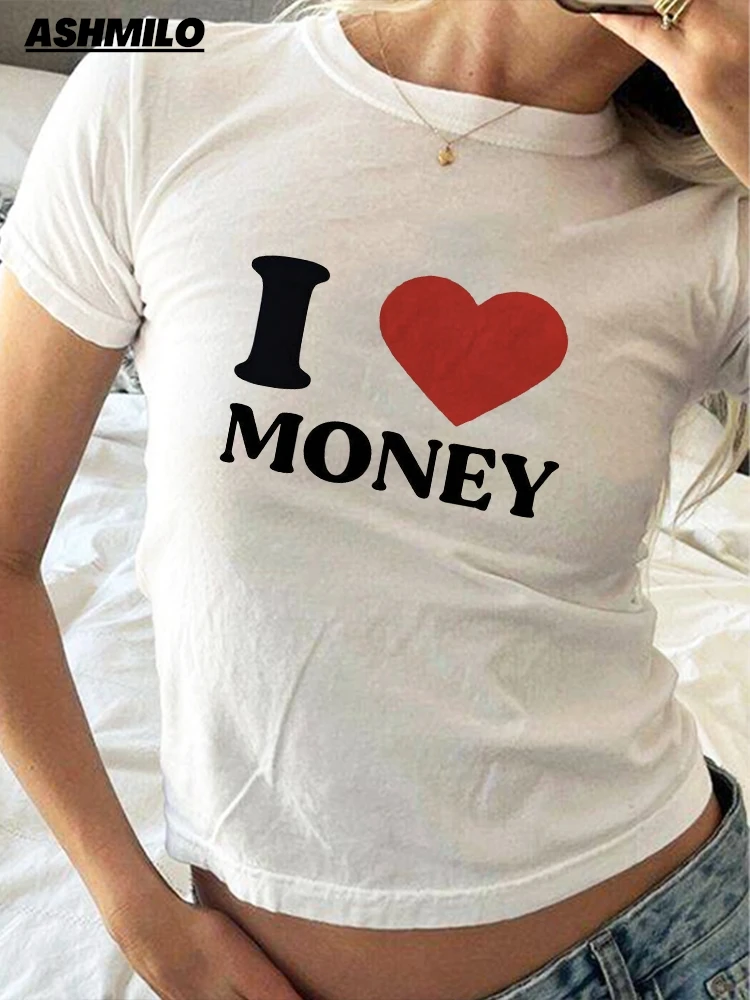 I LOVE MONEY Letter Print Baby T-Shirt 2000s Retro Streetwear Women's Fashions T-Shirt Sexy Korean T-Shirt Emo Girls Crop Top