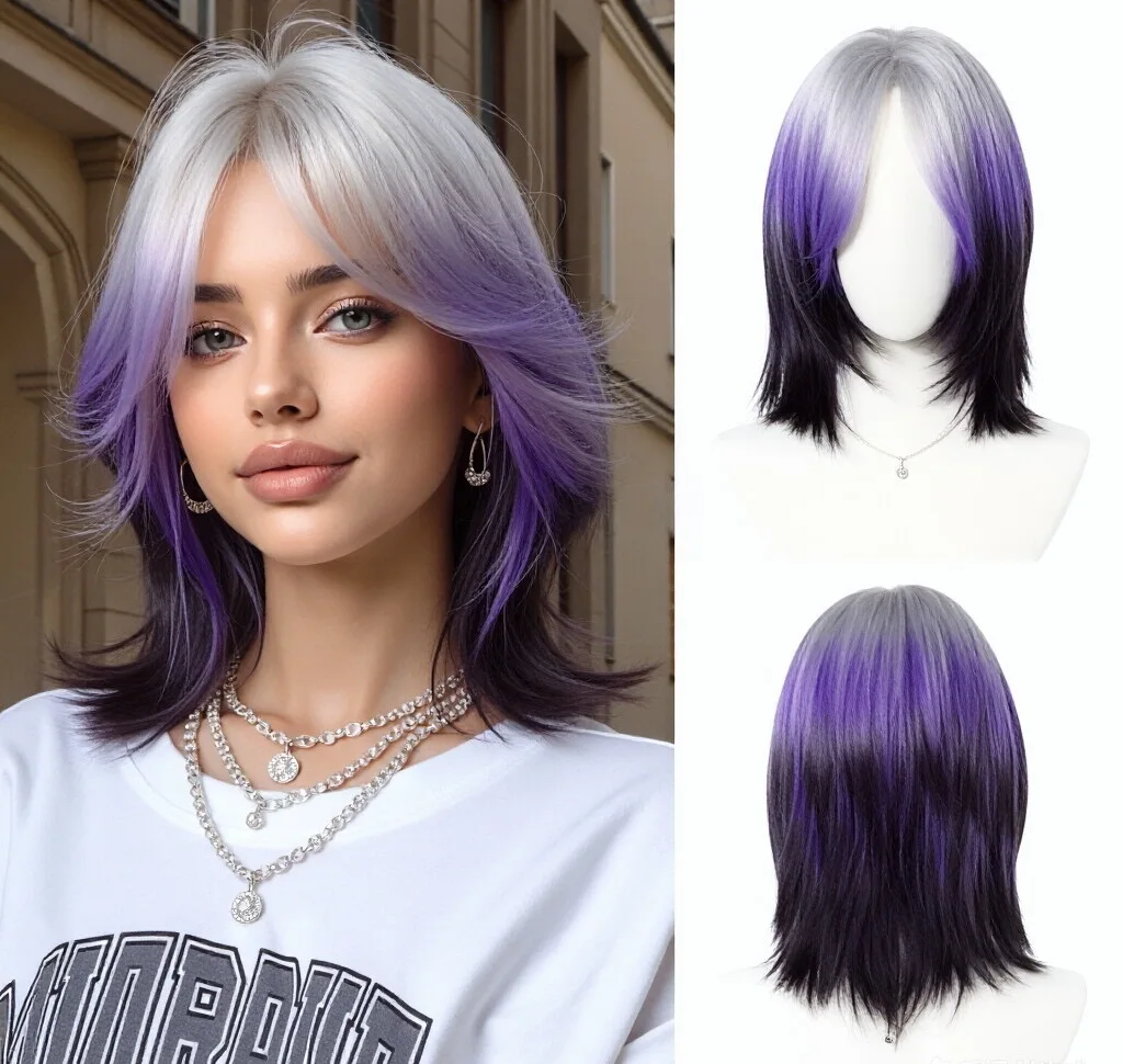Gradient Black Purple Short Straight Wig, Synthetic Anime Cosplay Wig, Layered Wolf Cut Wig with Bangs, Heat Resistant Synthetic