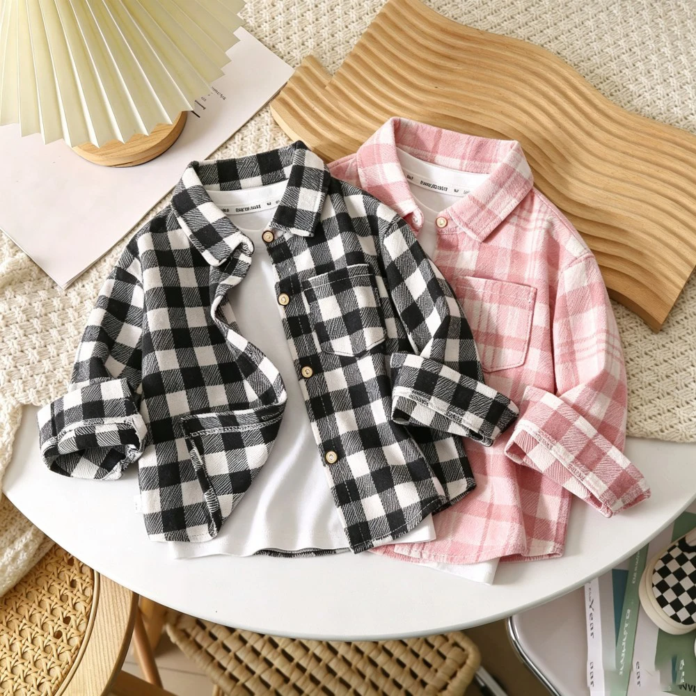 Fashion Toddler Baby Boy Plaid Shirt  Baby Flannel Lapel Long Sleeve Button‑Up Casual Tops Kids Outer Shirts For 1‑10 Years
