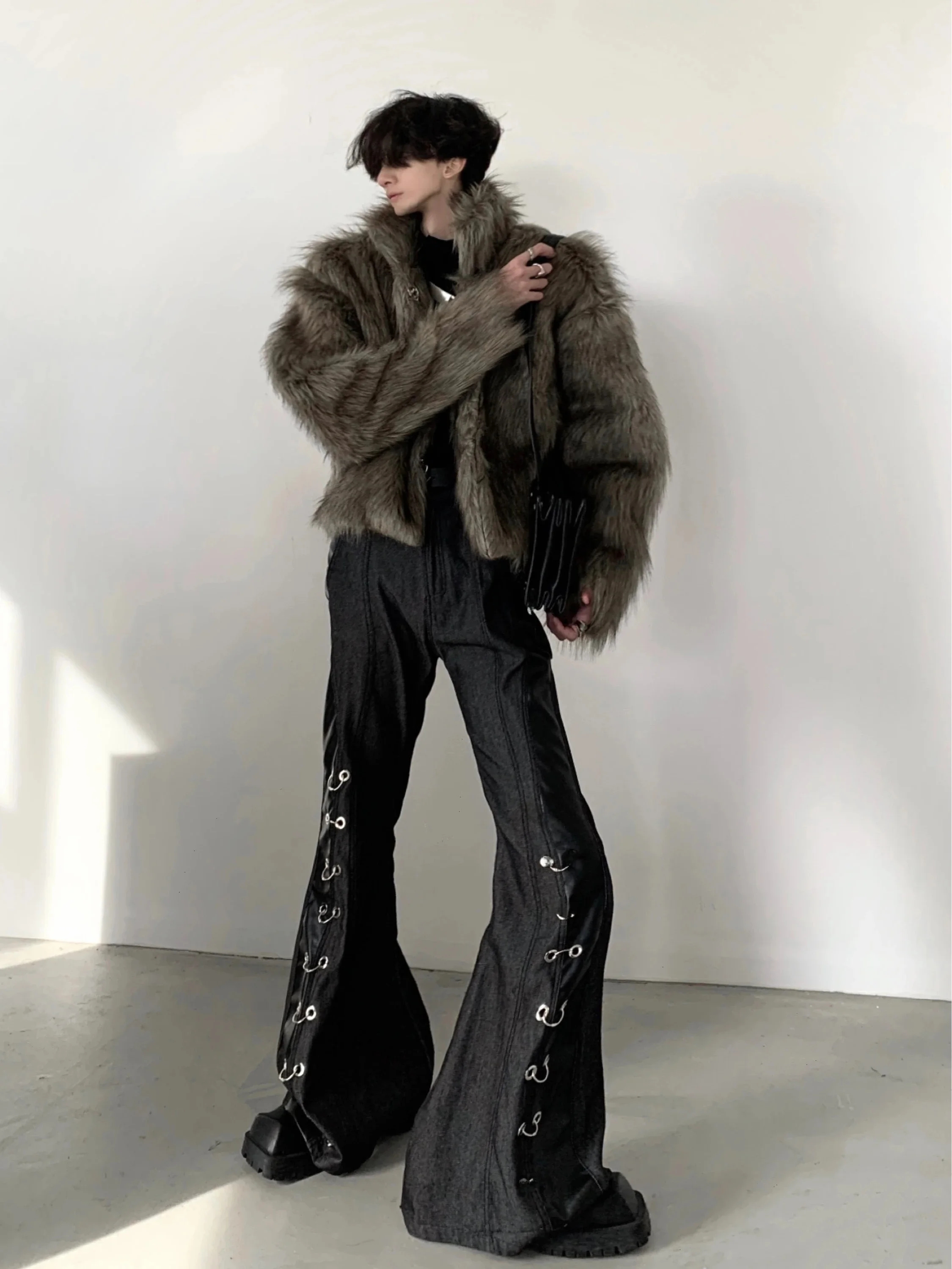 Autumn Mountain Wind Thickened Short Coat Men's Retro American Style Faux Fur Jacket Street Style Long Sleeve with Collar