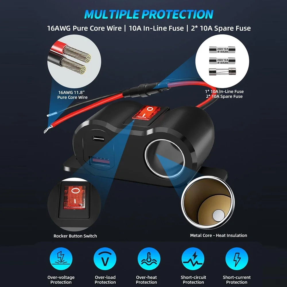 المزدوج QC3.0 PD3.0 ولاعة السجائر المقبس الفاصل مع عرض الفولتميتر 12 فولت شاحن سيارة محول الطاقة للدراجات النارية البحرية RV