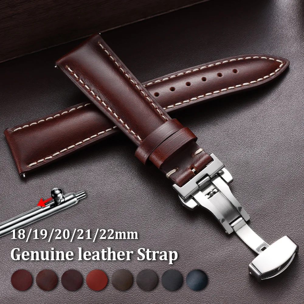 Oil Wax Vintage Watch Strap 18mm 19mm 20mm 21mm 22mm Universal Butterfly Buckle Watch Band Calfskin Wristband Women Men Bracelet