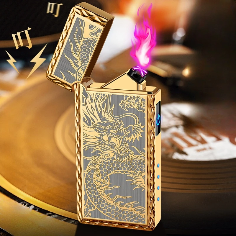 Electroplating Lang Sound Double Arc Pulse Metal Electric Lighter USB Charging Touch Sensor LED Power Display Lighter Men's Gift