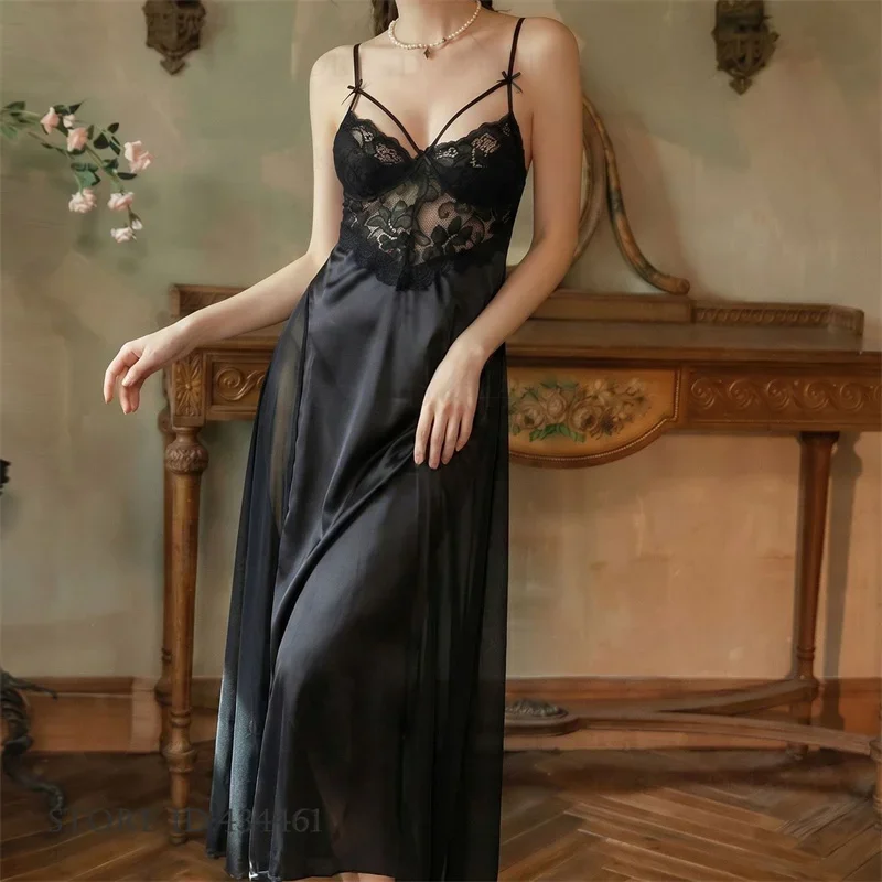 Sexy Hollow Out Long Nightgown Chemise Sleepwear Women's Lingerie Summer New Suspender Night Dress Ice Silk Homewear Loungwear 3