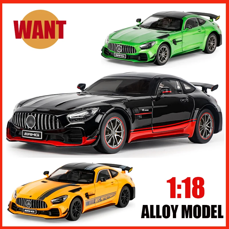 

Large 1:18 Mercedes-Benc AMG GTR Super Racing Car Premium Car Model Diecast Metal Sound Light Doors Opened Kid Toy Birthday Gift