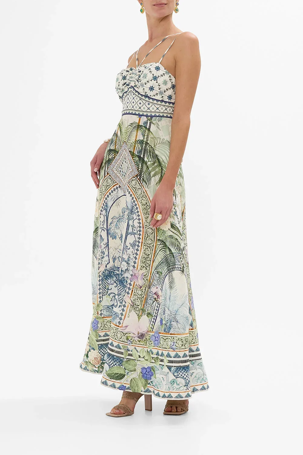 Damen-Kleid aus 100 % Seide, Retro-Blumendruck, Sling-Kleid, hohe Taille, ärmellos, Urlaub, lässig, Maxikleid