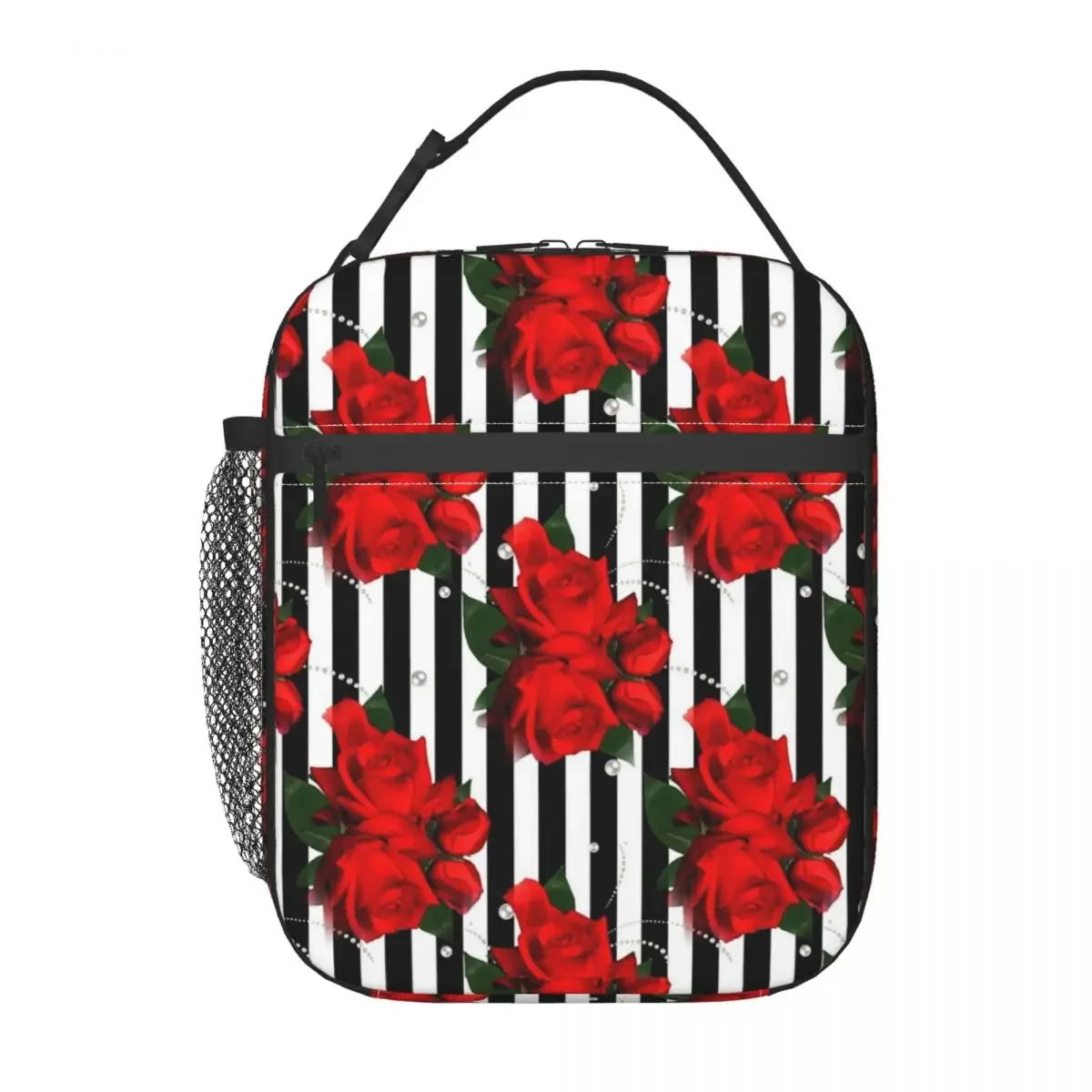 Red Roses On Black And White Stripe Insulated Lunch Bag for Women Children Portable Food Boxes Thermal Lunch Box Tote