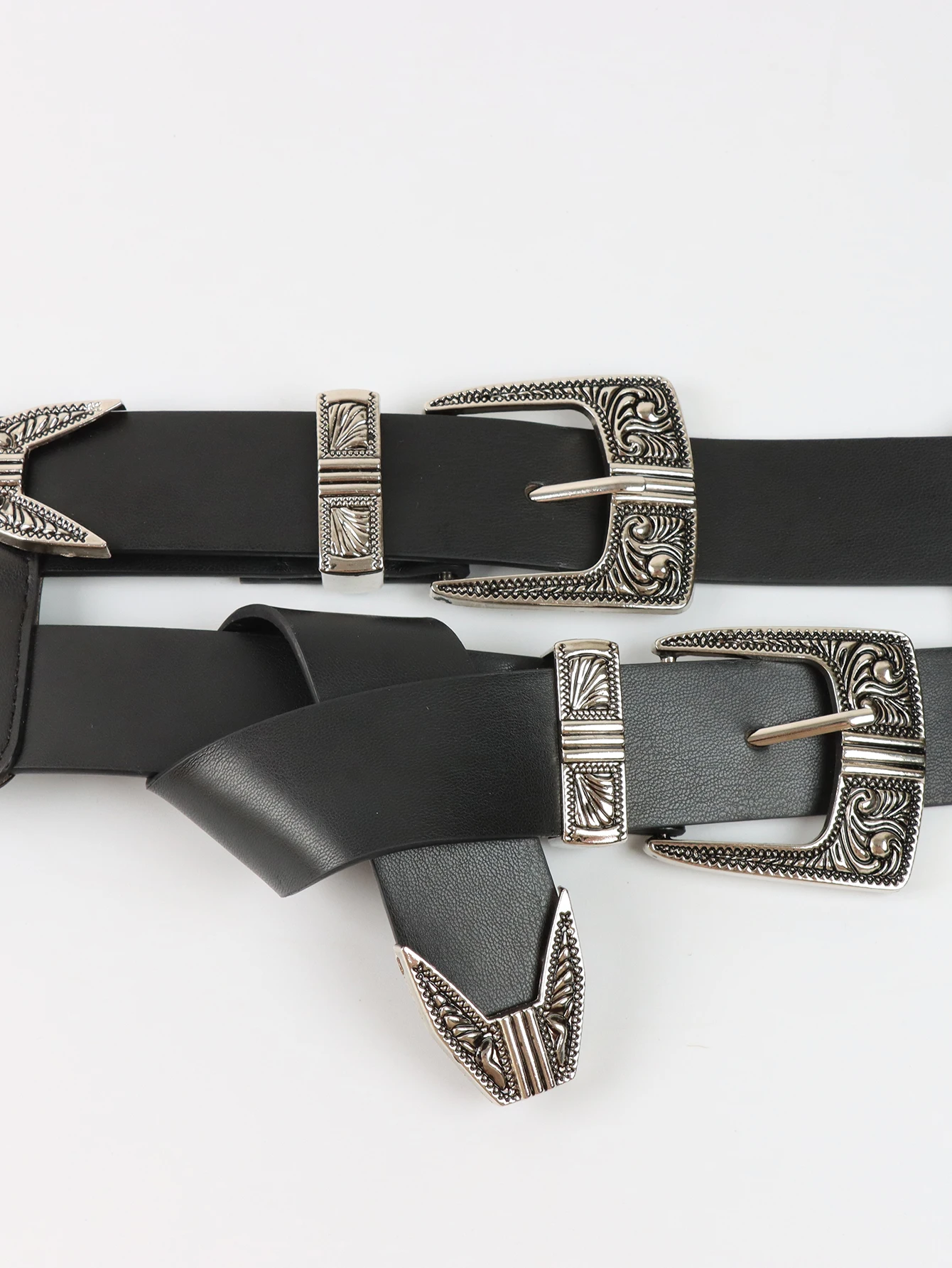 Women\'s PU Belt Retro Carved Alloy Buckle Double-Row Belt Wide Belt Versatile Jeans Clothing Accessories
