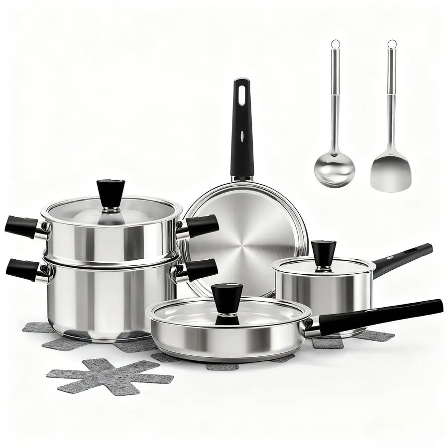 

Steel Cookware Set, 14Piece Pots and Pans Set, Kitchen Cookware Set with StayCool Handle, NonToxic, Dishwasher Safe amp Compatib