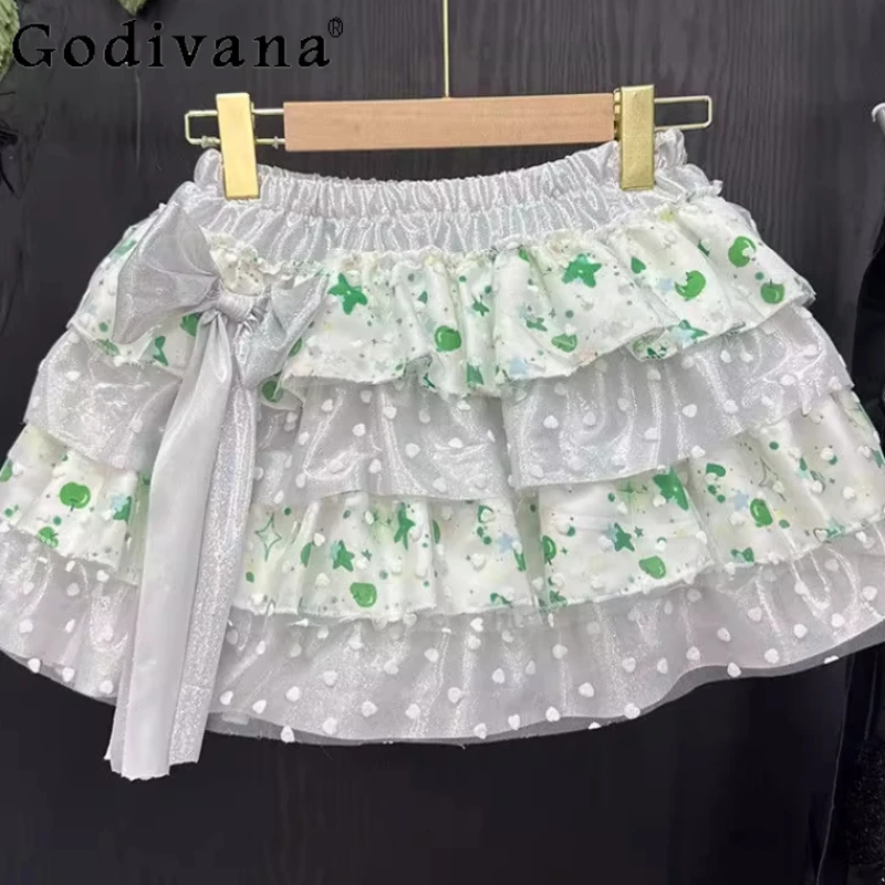 Gonna stile principessa Kawaii Lolita per ragazze Gonna giapponese dolce e carina con volant per torta Gonna da donna punk Y2k con stampa fiocco