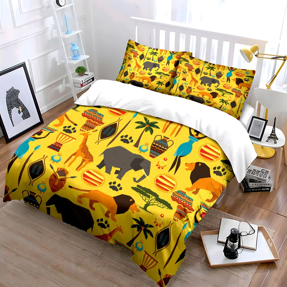 African Culture and Wildlife Elements Duvet Cover Set with 3D Printing Design Soft Polyester Bedding Set All-Season Comfort