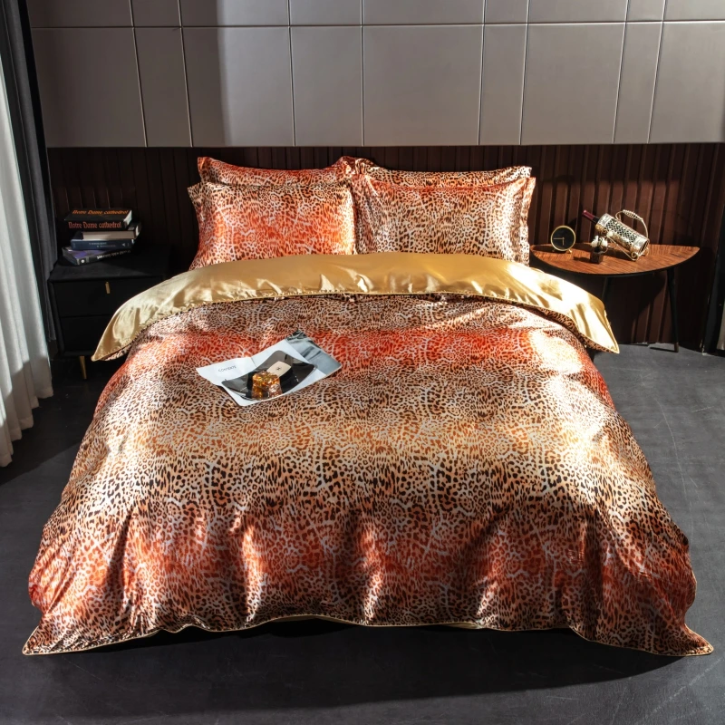 Leopard Printing Silky Rayon Bedding Set Super Soft Satin Quilt/Duvet Cover Fitted Sheet or Bed Sheet Pillowcase Home Textiles