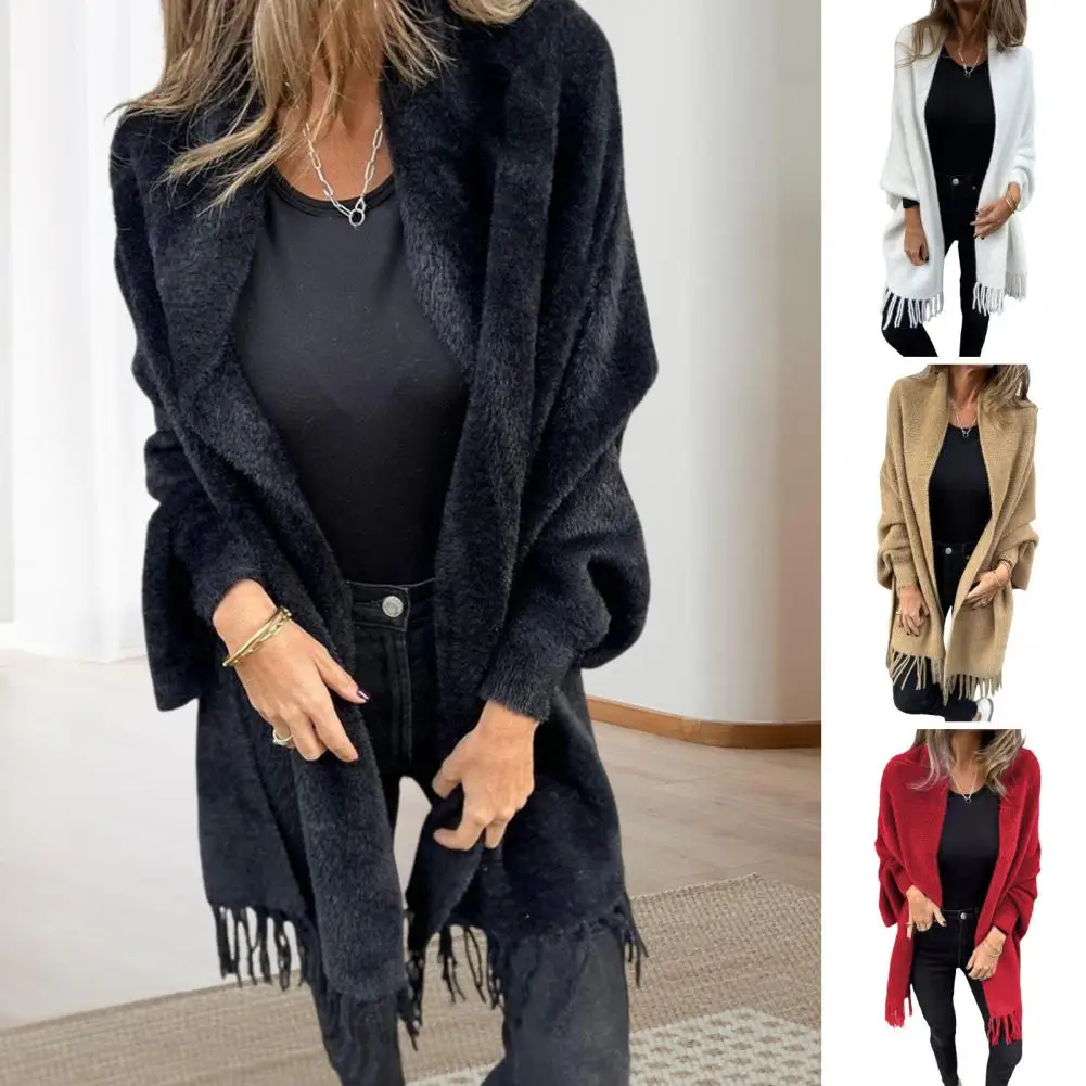 Tassel Decoration Jacket Cozy Fringe Tassel Hem Cardigan For Women Warm Fleece Knit Jacket With Bat Sleeves Mid For Winter