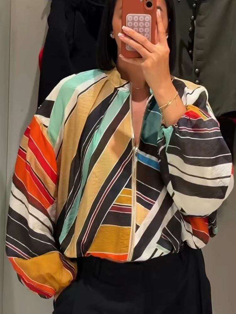 Herbst Damen Print Bomberjacke Frühling Lässige Leichte Reißverschlussjacke Schicke Streetwear Freizeitmode Lockere Damenbekleidung