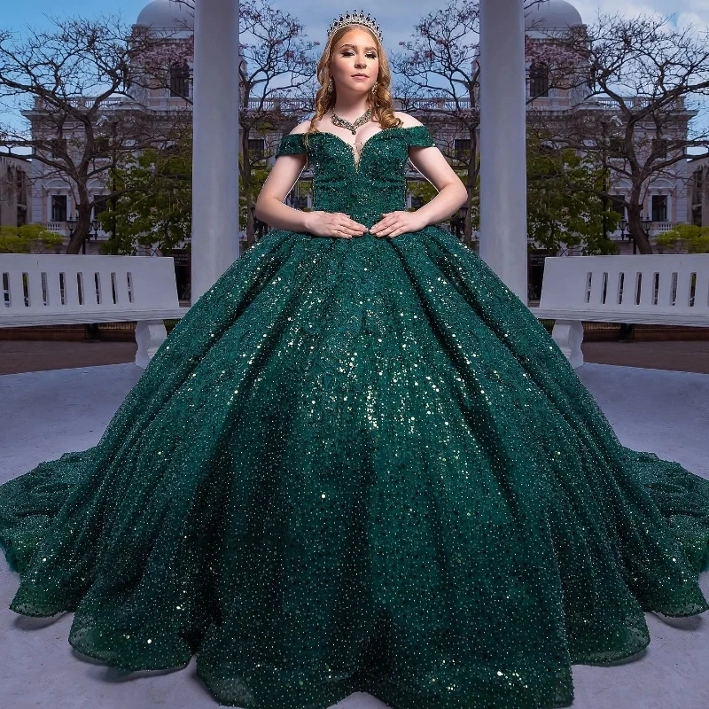 

Emerald Green Shiny Sweetheart Pageant Quinceanera Dresses Appliques Lace Beads Off the Shoulder Princess Party Sweet 15 Ball