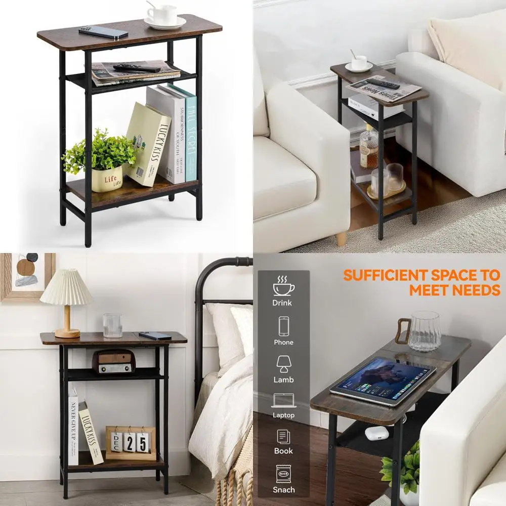 

Compact 3-Tier Living Room Side Table with Spacious Top and Rustic Brown Finish for Small Spaces