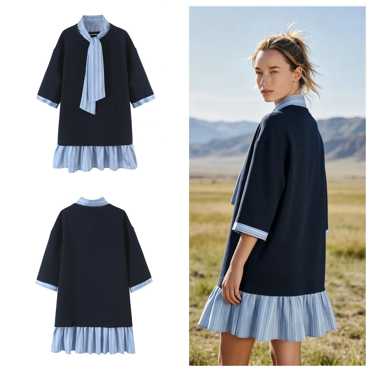 2026 Autumn New Women Bow Tie Neck Patchwork Mini Dress Elbow Sleeve Contrast Striped Ruffle Hem Loose Casual Shirt Dress
