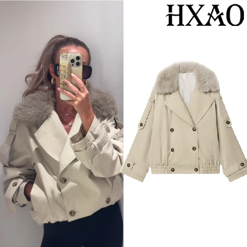 

HXAO Windbreak Jackets Winter Coat Female Long Sleeve Faux Fur Coat Double Breasted Button Large Size Cropped Bomber Jackets
