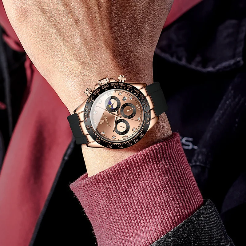 POEDAGAR Silicone Strap Watches Mens Sports Luxury Waterproof Brand Quartz Watch Man Luminous Chronograph Moon Phase Clock Male