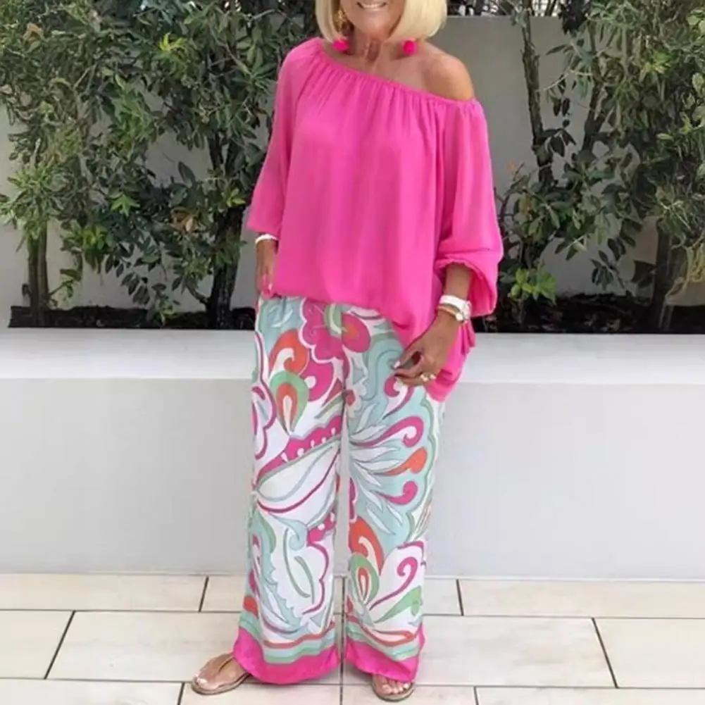 

Printed Wide-leg Trousers Set Chic Blouse Pants Set Slant Neck One Shoulder Top Wide Leg Trousers Stylish Ol Commute For Women