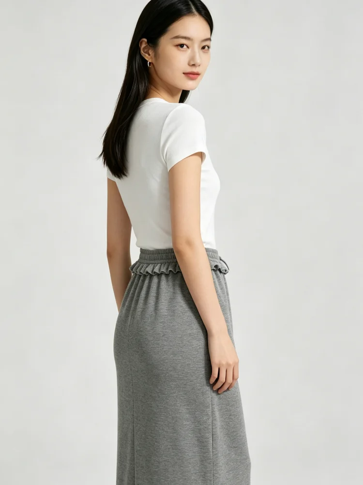 Autumn Women Midi Skirt Grey Knit Straight Long Skirt Ruffle Drawstring Elastic Waist Casual Daily Street Skirts
