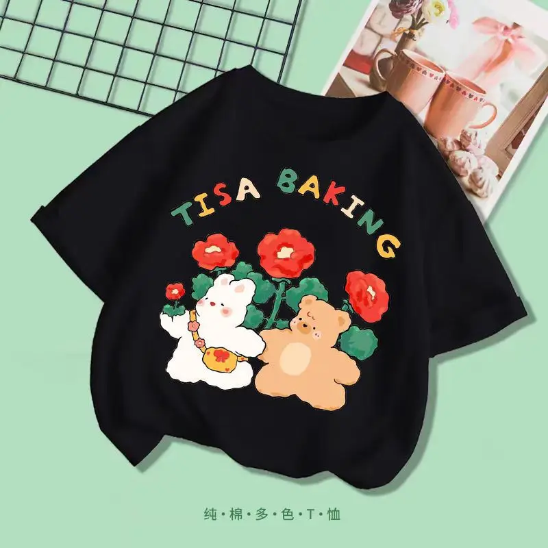 2026 New Children's Summer Fashionable Girls' Short-Sleeved Casual Middle and Large Children's Printed Round Neck Tops