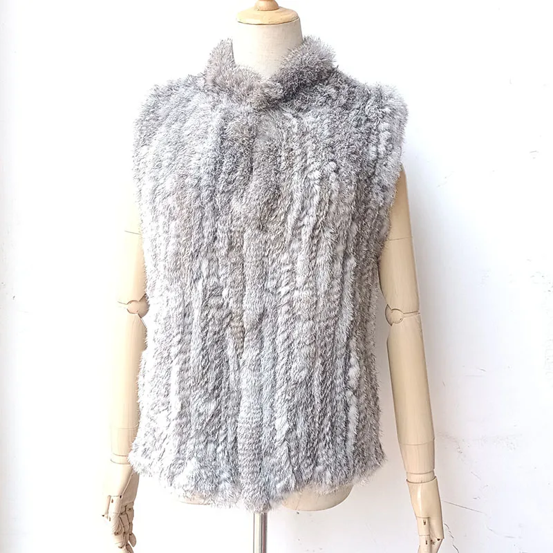 Women Spring Knitted Real Rabbit Fur Vest Fashion Luxury Genuine Fur Gilet Sleeveless Female Natural Fur Waistcoat