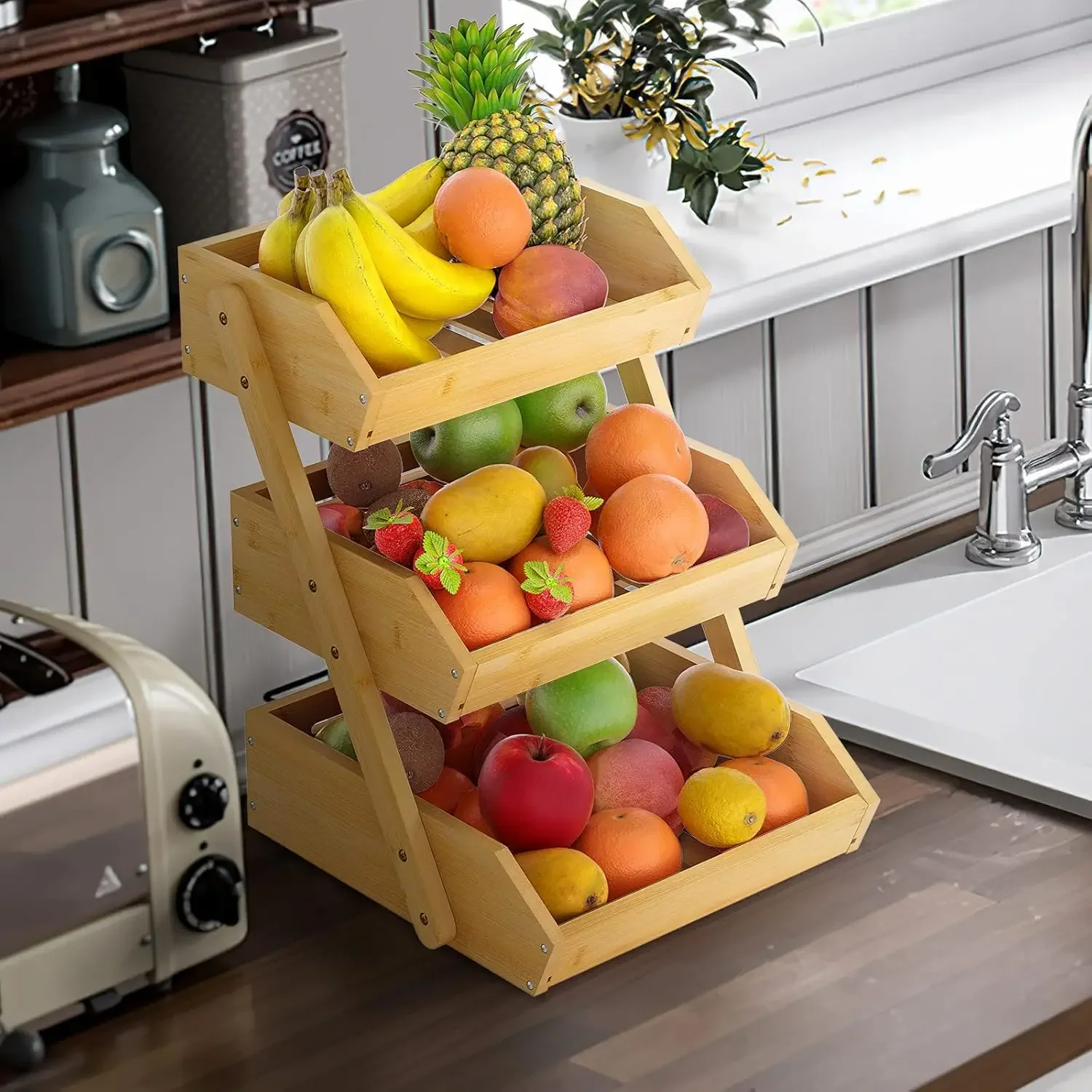 Large 3 Tier Bamboo Fruit Basket Stand for Kitchen Countertop , Fruit Holder