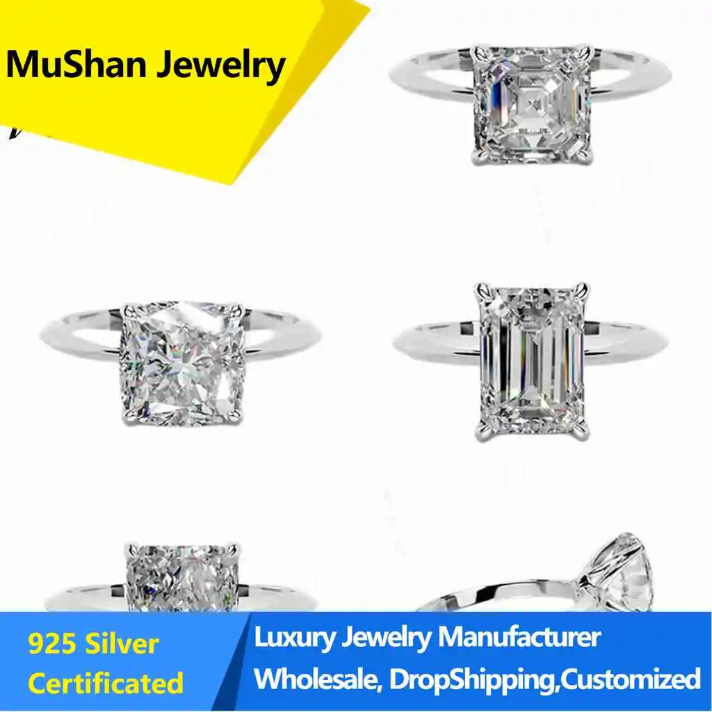 MuShan Jewelry Classic Fashion Four Claw Diamond Ring S925 Sterling Silver 2 Carat Wedding Ring Artificial Diamond Cultured