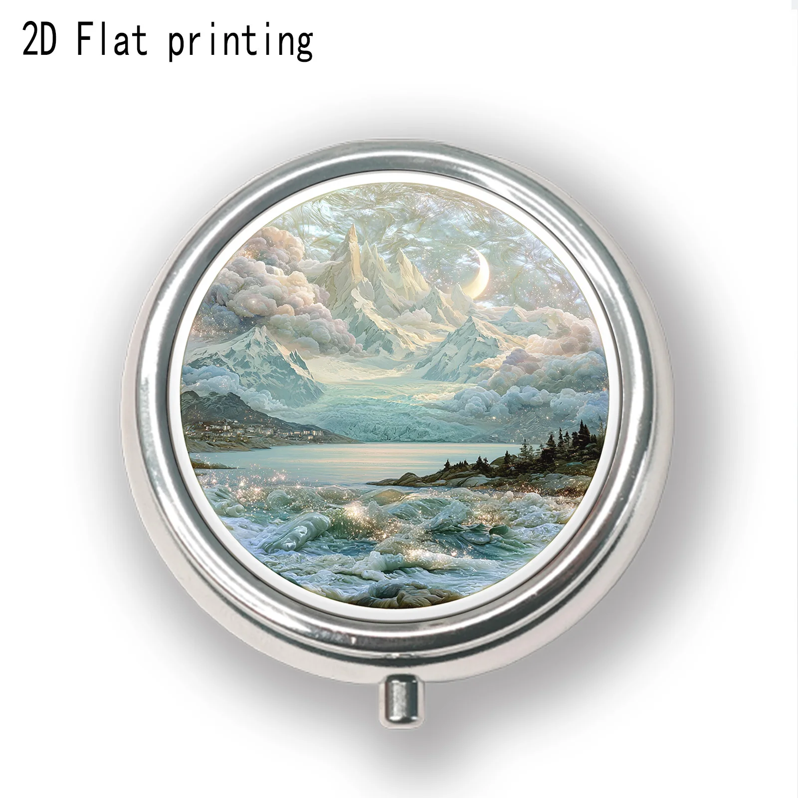 A new moon glacier snow mountain wave ice lake design, single-sided printed 3-compartment portable pill box, small multi-functional jewelry and medicine storage box, essential travel organizer