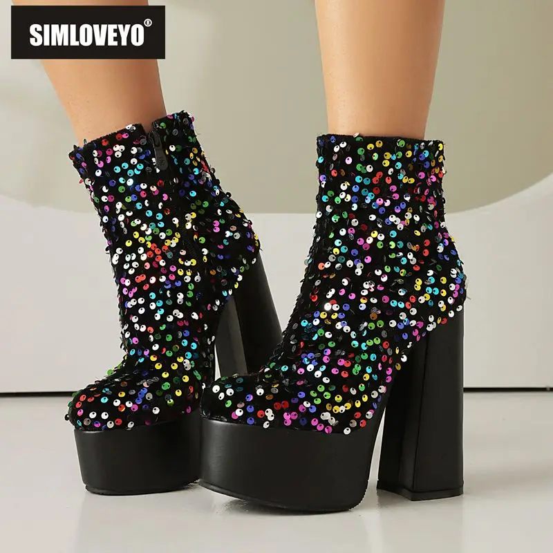 

SIMLOVEYO 2025 Shiny Women Ankle Boots Round Toe Chunky Heels 14.5cm Platform 5cm Zipper Plus Size 44 45 46 47 Bling Party Bota