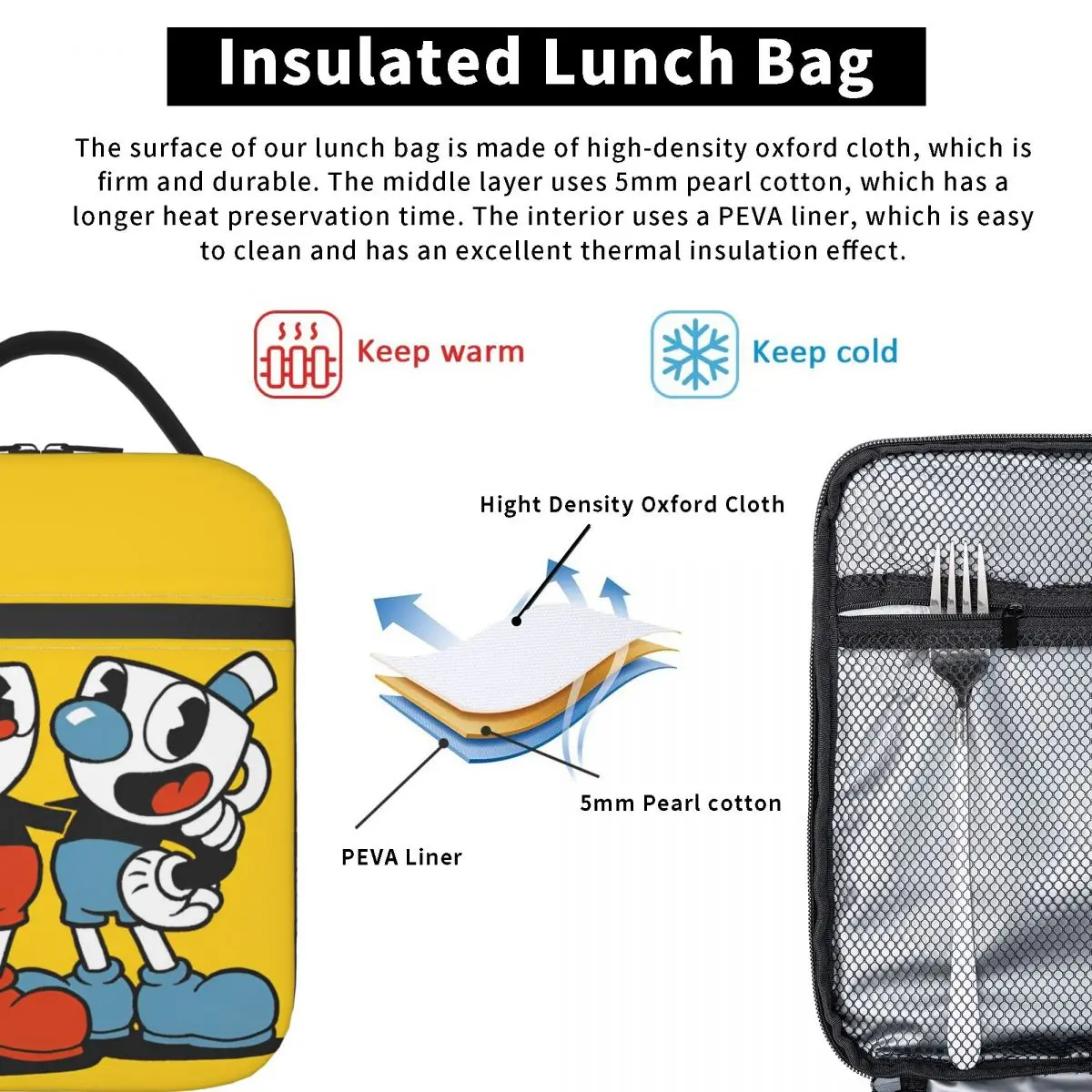 Cuphead And Mugman Insulated Lunch Bag Thermal Bag  Meal Container Game Cuphead Portable Lunch Box Tote Bento Pouch School