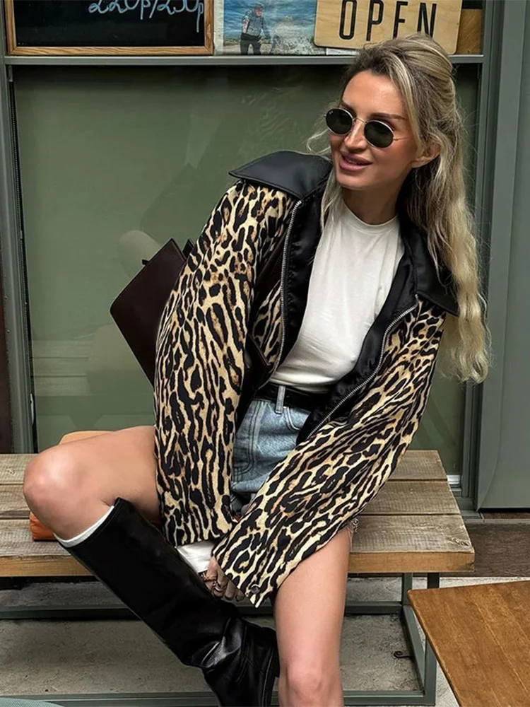 2024 Fashion Leopard Print Woman's Short Jacket Long Sleeve Turn Down Collar Zipper Cropped Coat Lady Chic High Street Outerwear