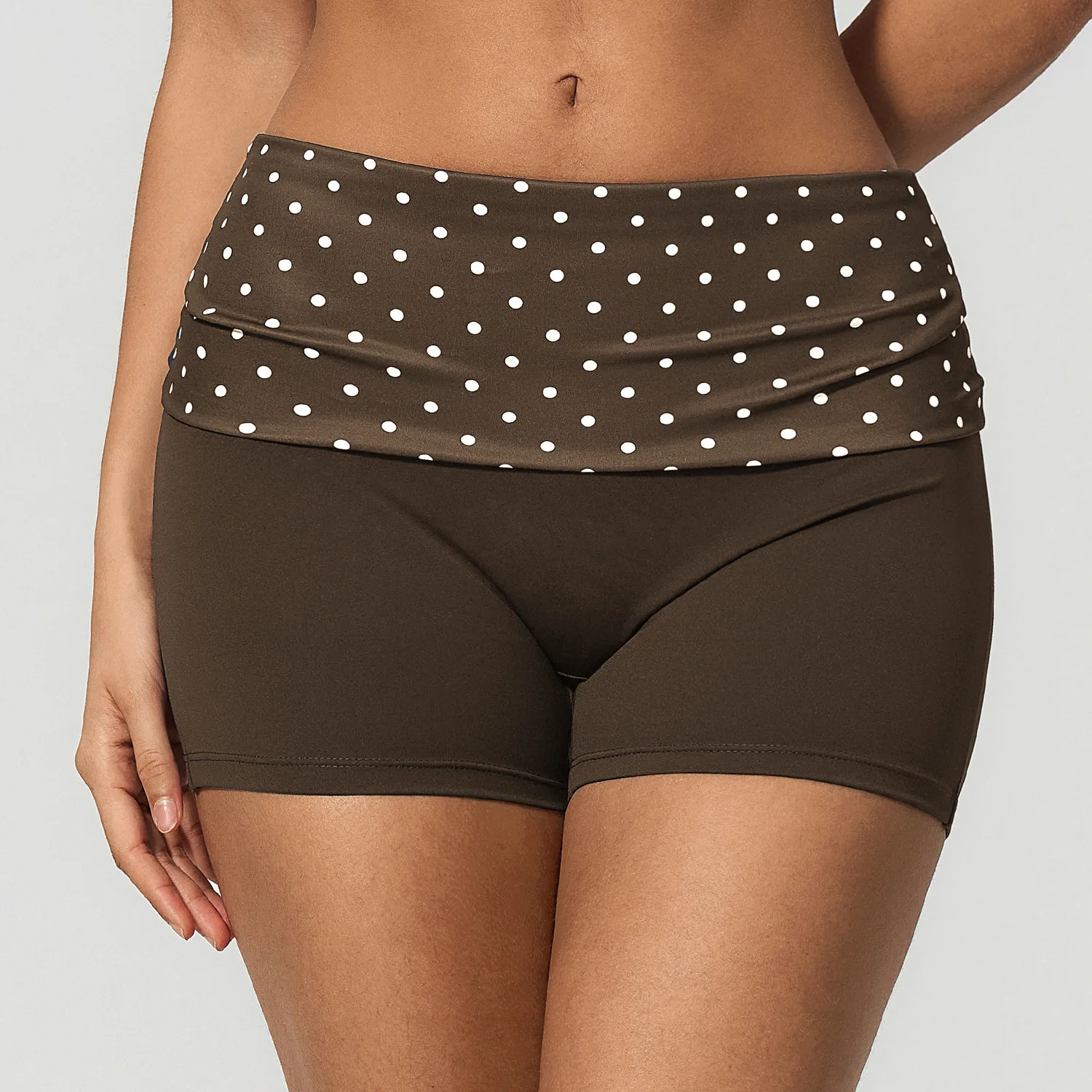 Women Fold Over Waist Yoga Shorts Contrast Polka Dot Striped Waistband High Waist Biker Gym Workout Tummy Control Sport Pants