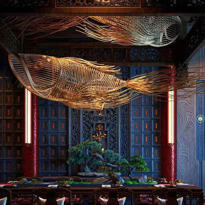 Handwoven Rattan Fish Chandelier Creative Pendant Light for Hotel Lobby Restaurant Commercial Decor Atmosphere Lamp
