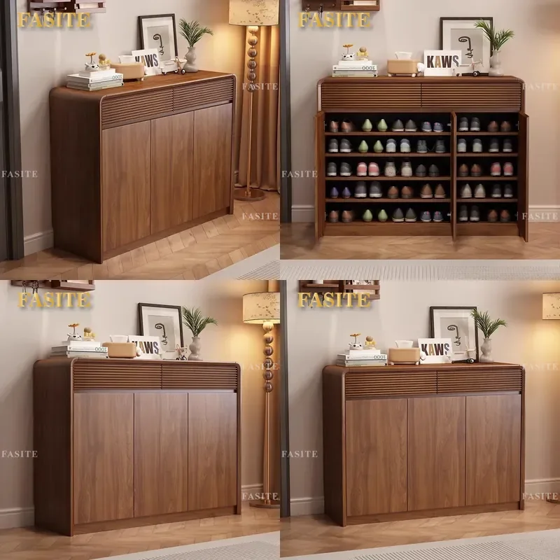 For Solid Wood Ecological Board Shoe Cabinet Large Capacity Household Door Storage Integrated Against Wall New Chinese Style