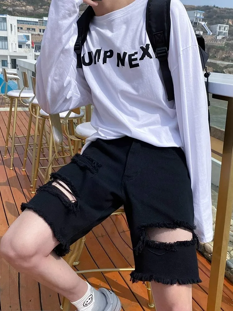 

Bla Ripped Hem Denim orts Мужские летние тонкие модные американские ретро свободные брюки в стиле хип-хоп с пятью деталями Широкие джинсы Повседневные брюки