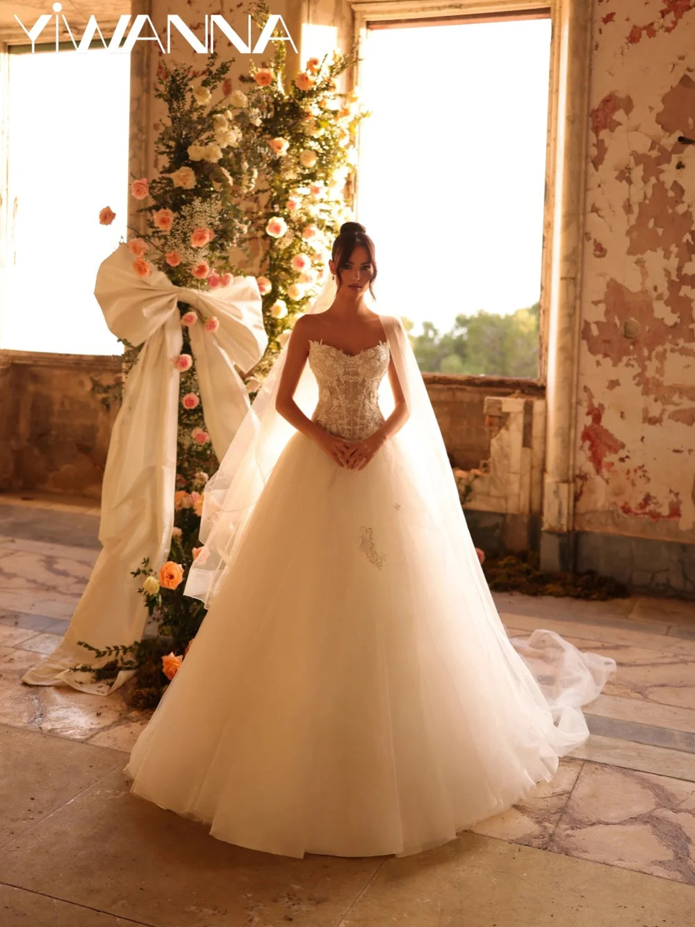 

New Arrival Ivory Beaded Wedding Dress Charming 3D Flower A-line Tulle Bridal Gown Customized Floor-length Dresses For Bride