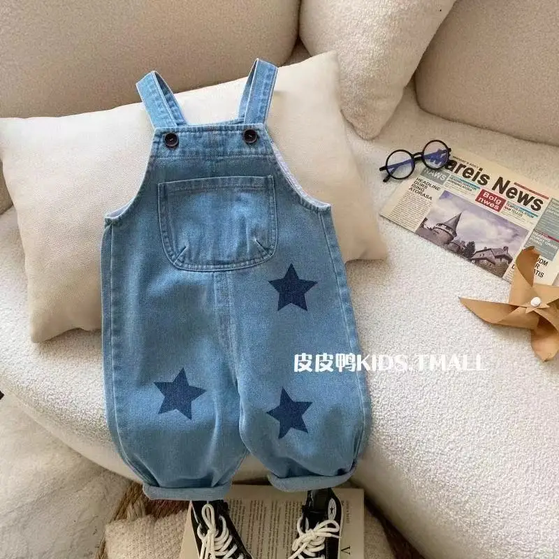 Baby Girls Jeans Pants Spring and Autumn Children's Denim Pants Boys and Girls Star Casual Denim Strap Pants 0-5 Years