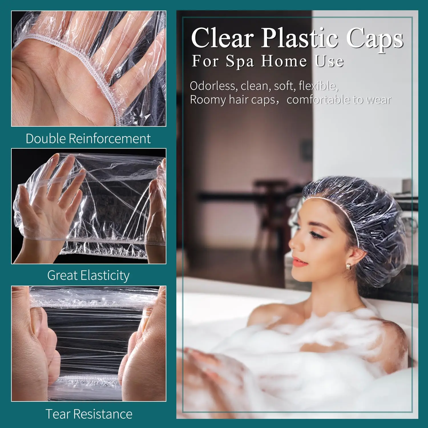 

Shower Caps Reusable Waterproof, 100 Pcs Disposable Plastic Shower Caps for Women Bathing, Hair Salon Home & Travel Use