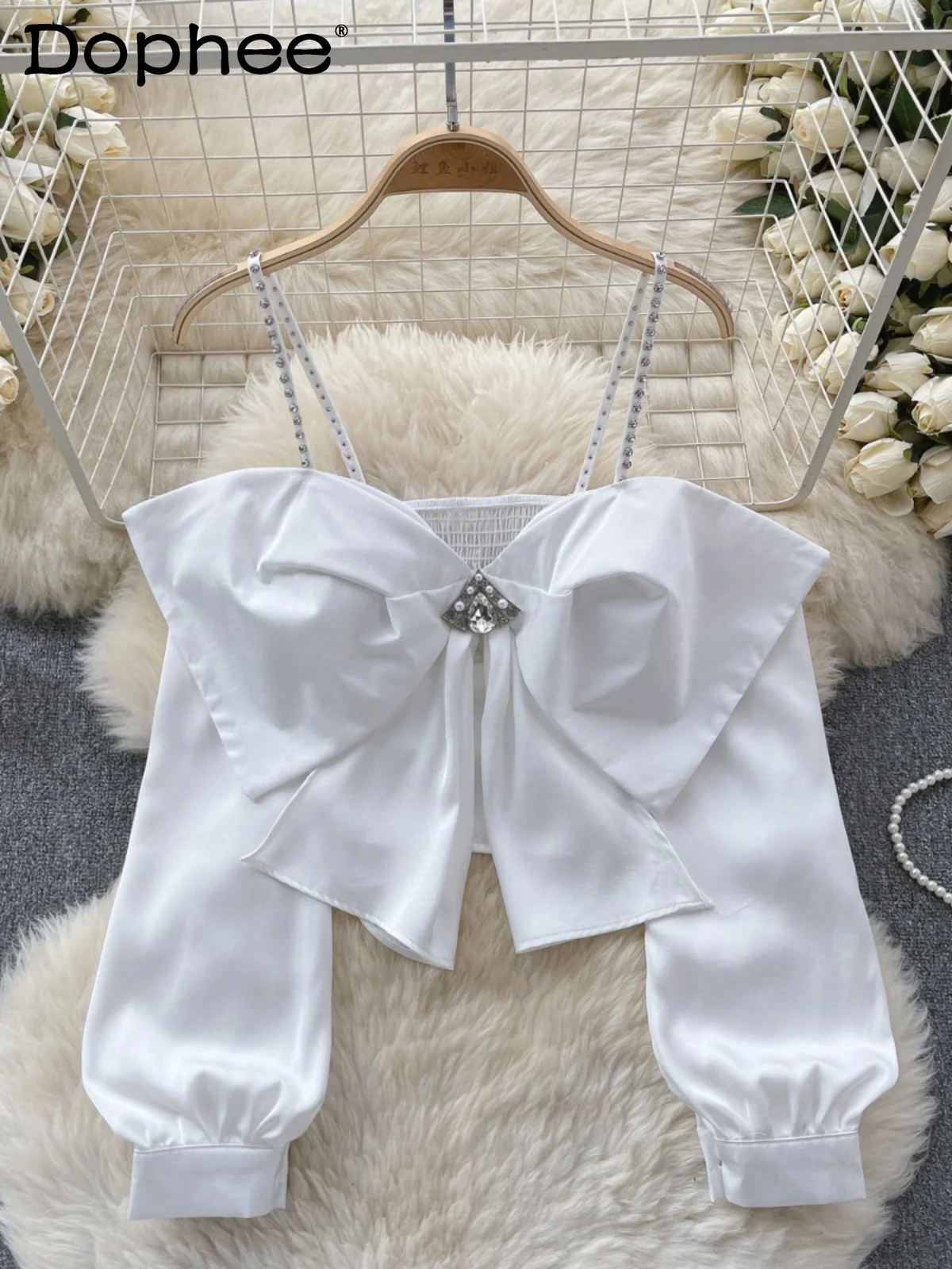 

Cute Sweet Bow Long Sleeve White Shirt Women 2024 Spring Summer New Diamond Sexy Off-the-Shoulder Short Suspenders Top Female