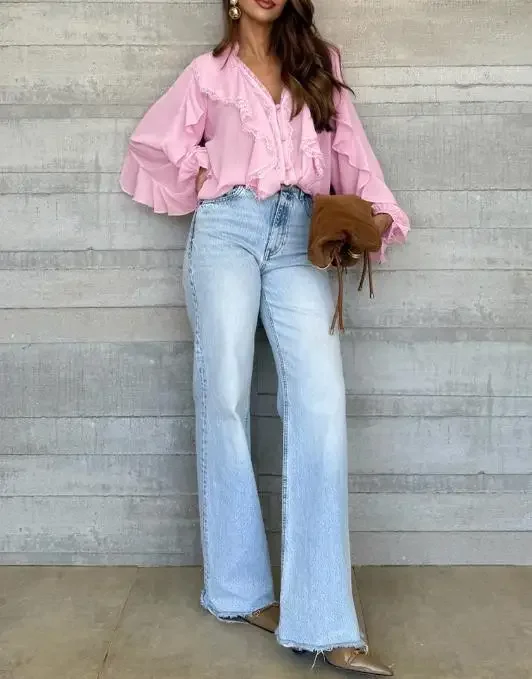 Female Fashion Shirt V-Neck Long Sleeve Button Front Eyelash Lace Spliced Blouse Women's Casual Ruffles Patchwork Semi-Sheer Top