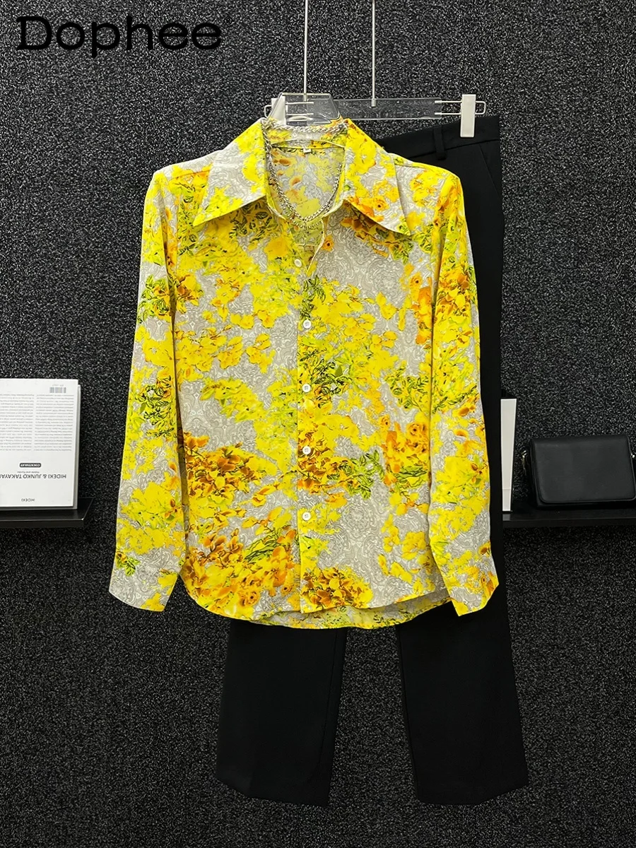 

Spring 2024 High-End Printed Long-Sleeve Shirts Padded Shoulder Fashion Single Row Multi-Buckle Shirt Loose Casual Floral Shirts