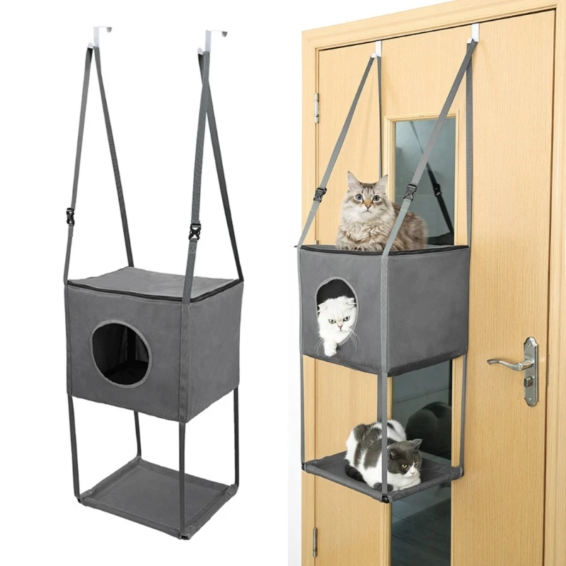 Cats Hammock 3 Story Door Mounted with Secure Belt Hanging House Townhome 3 Level Elevated Bed Rest for Home