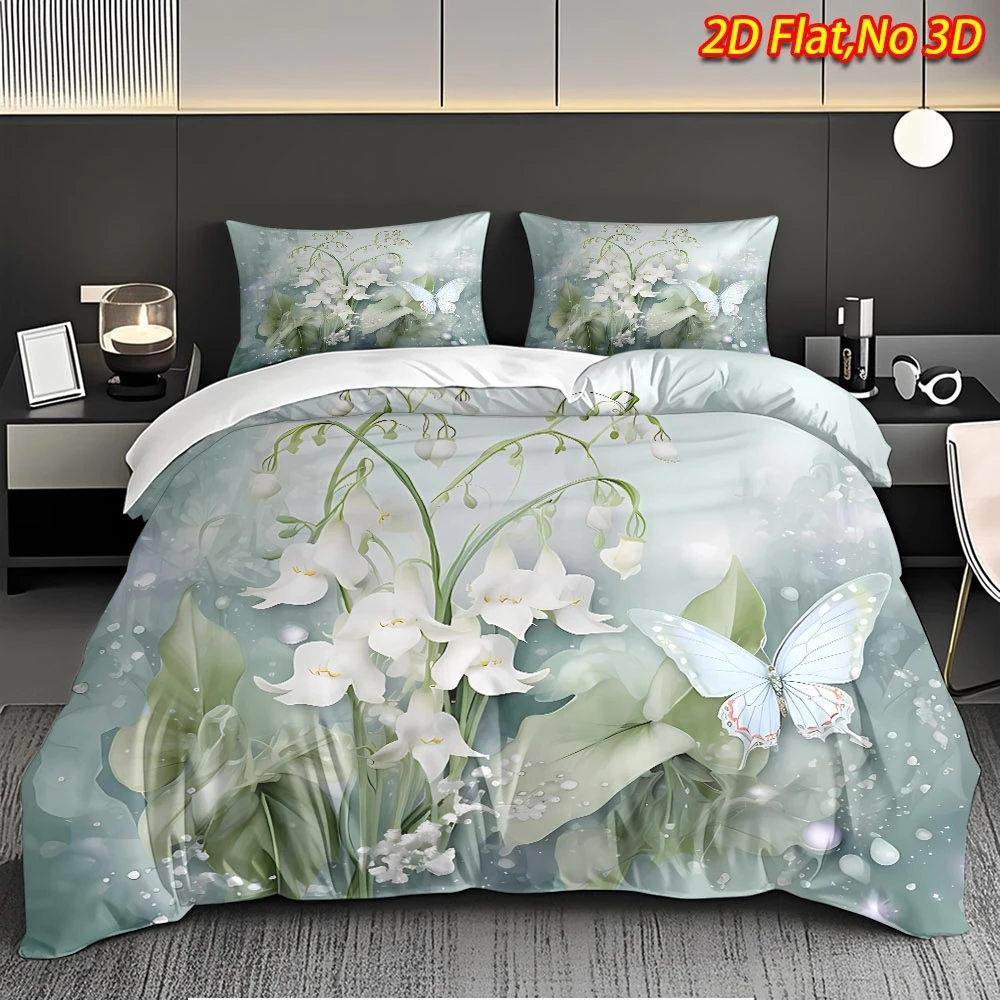The Latest Printed Quilt Cover Set, 1 Quilt Cover + 2 Pillowcases (Without Filling) 2D Flat, Three-Piece Printed Quilt Cover Set with a Warm and Fresh Floral Theme Featuring Lilies of the Valley and Butterflies, Soft Bedroom Decor (Suitable for All Seasons, Machine Washable, Invisible Zipper, Large Quilt Cover Set, Bedding Set, Quilt Cover)